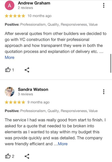 Testimonial from a client praising YC Construction on their great service in garden design & landscaping