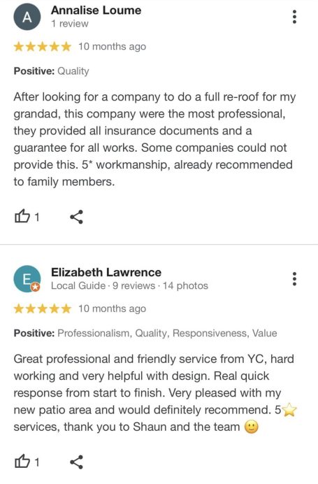 Testimonial from a client celebrating YC Construction’s brilliant workmanship and communication in garden design